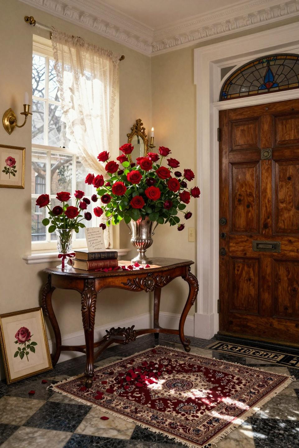 Valentines Day Decorations Classroom with sterling silver urn overflowing red roses
