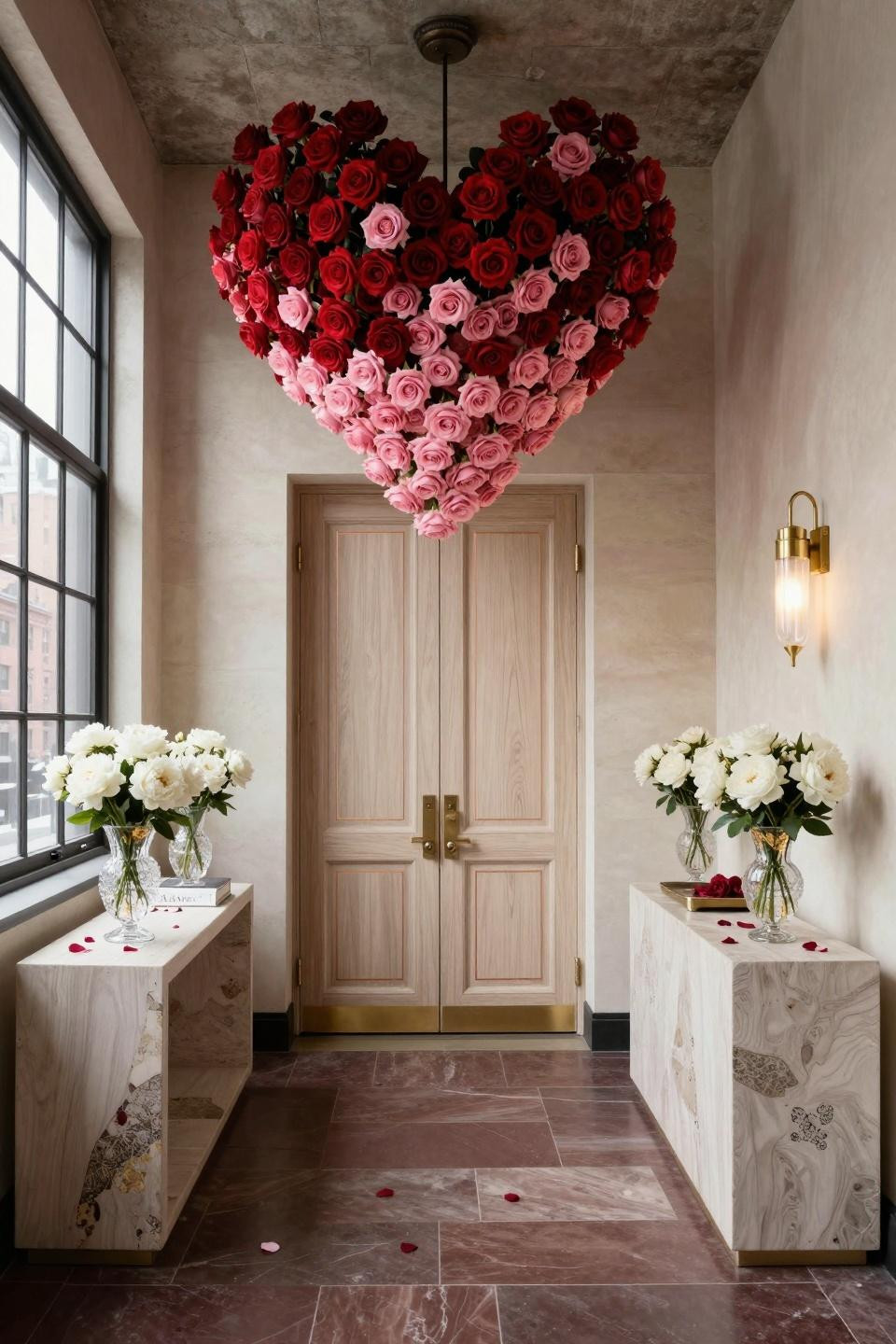 School Wall Decoration featuring floor-to-ceiling ombré rose arrangement