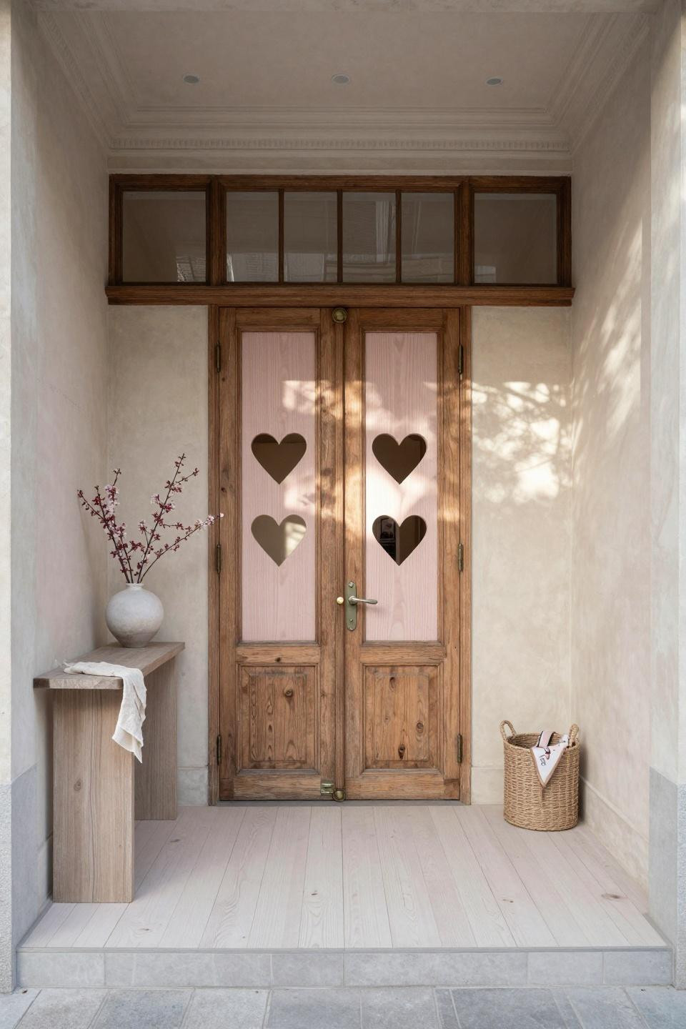 Valentines Day Door Classroom with asymmetrical carved oak heart motifs