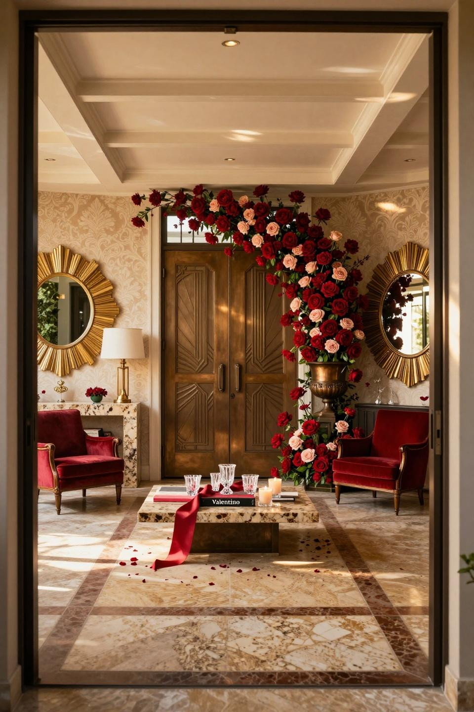 Holiday Classroom Doors featuring cascading peonies in brushed bronze urn
