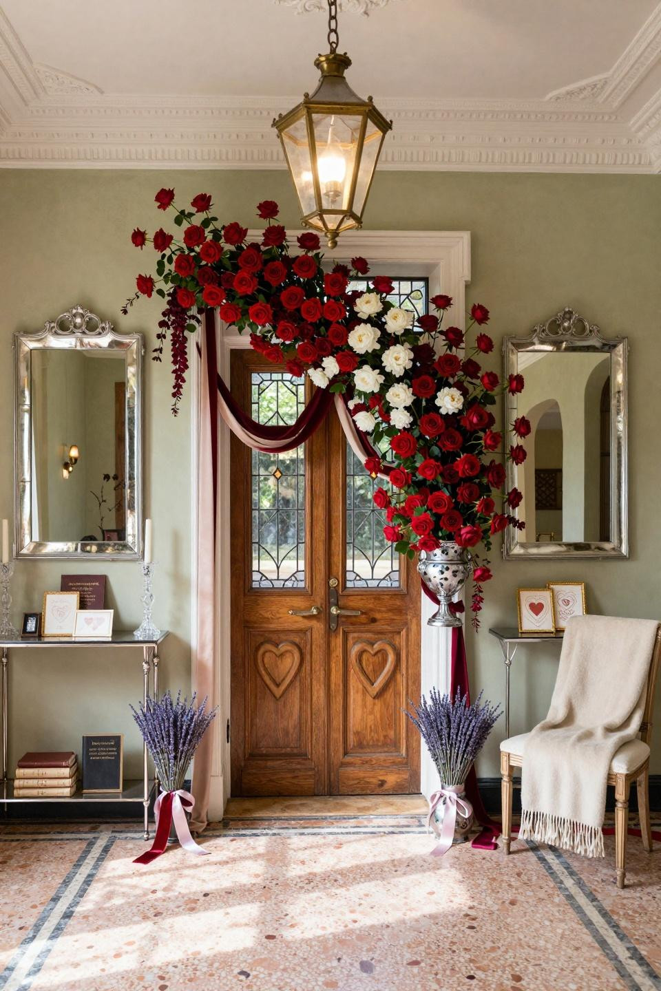 Valentine Day Door Decorations Classroom with cascading red roses in chrome terrazzo urn