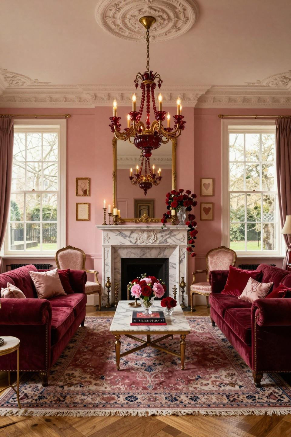 Farmhouse Valentine Decor with Calacatta Carrara marble fireplace and Chesterfield sofa
