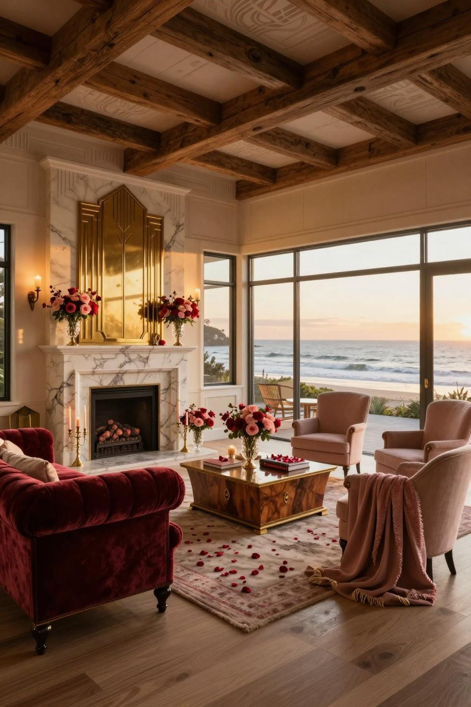 Farmhouse Valentine Decor with Calacatta Gold marble fireplace and vintage Chesterfield sofa
