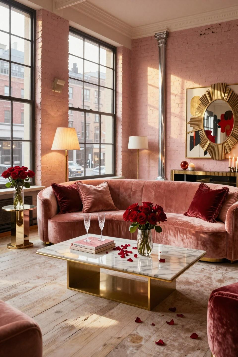 Farmhouse Valentine Decor featuring sculptural rose gold velvet sofa with Calacatta coffee table