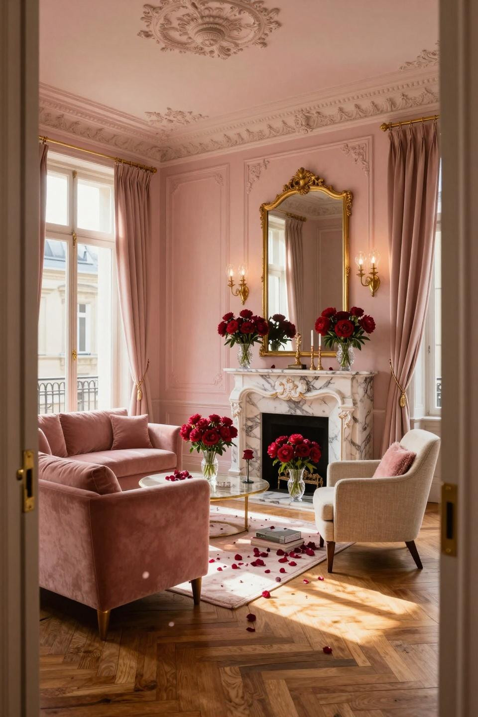 Farmhouse Valentine Decor with oversized rose arrangements on Calacatta Gold fireplace mantel