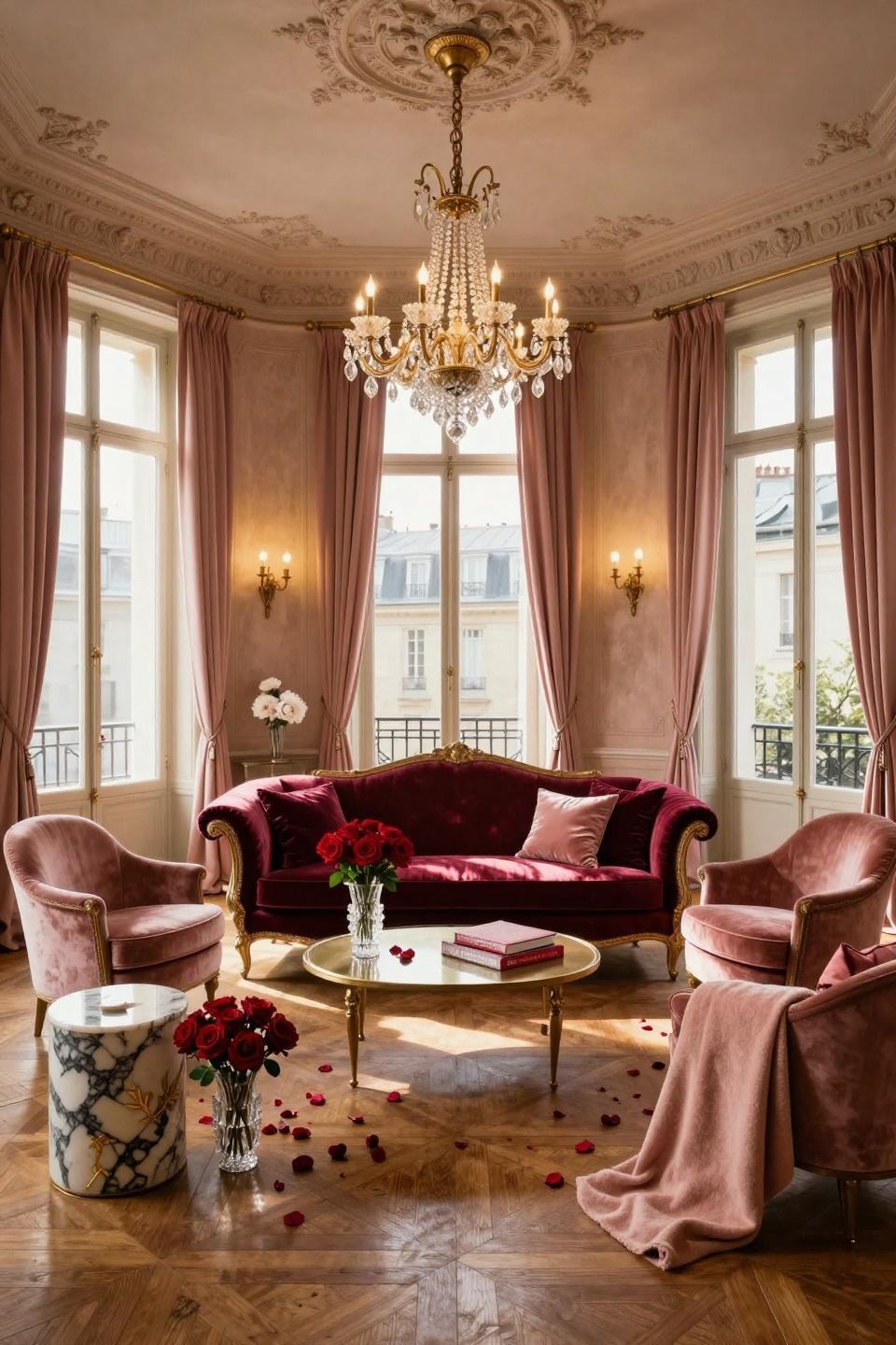Farmhouse Valentine Decor featuring Christian Liaigre Louis XVI sofa in deep burgundy velvet