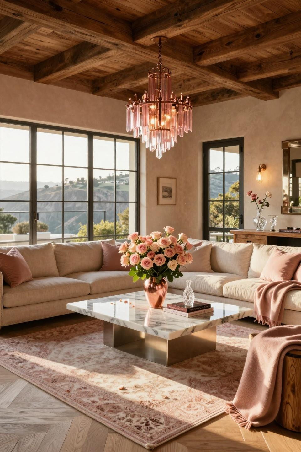 Farmhouse Valentine Decor with five hundred blush roses in rose gold vessel on Belgian linen sofa
