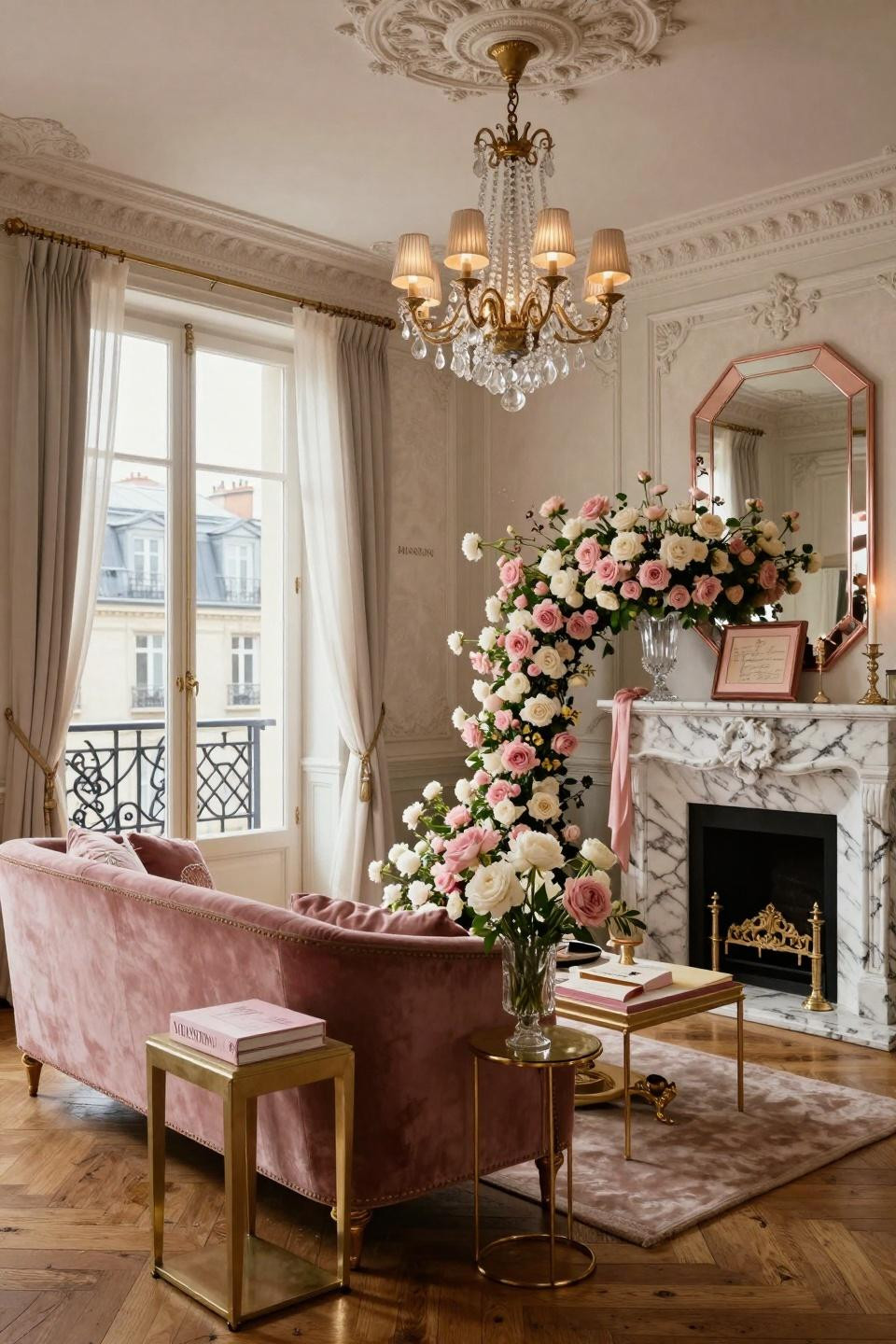 Farmhouse Valentine Decor with cascading roses on Calacatta marble mantel and vintage crystal chandelier