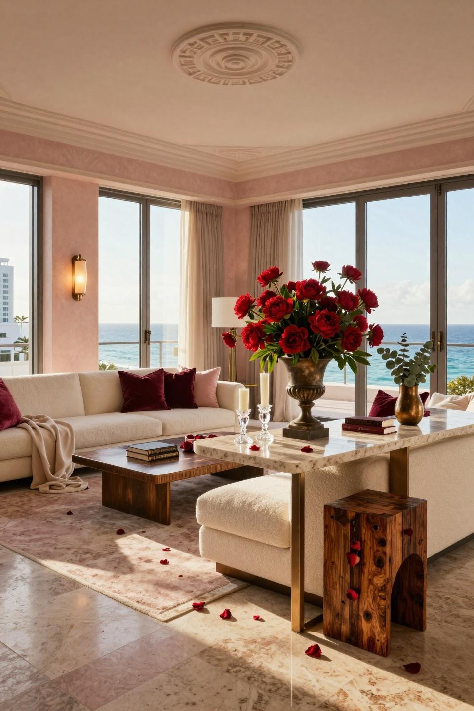 Farmhouse Valentine Decor featuring crimson peonies in bronze urn on travertine console