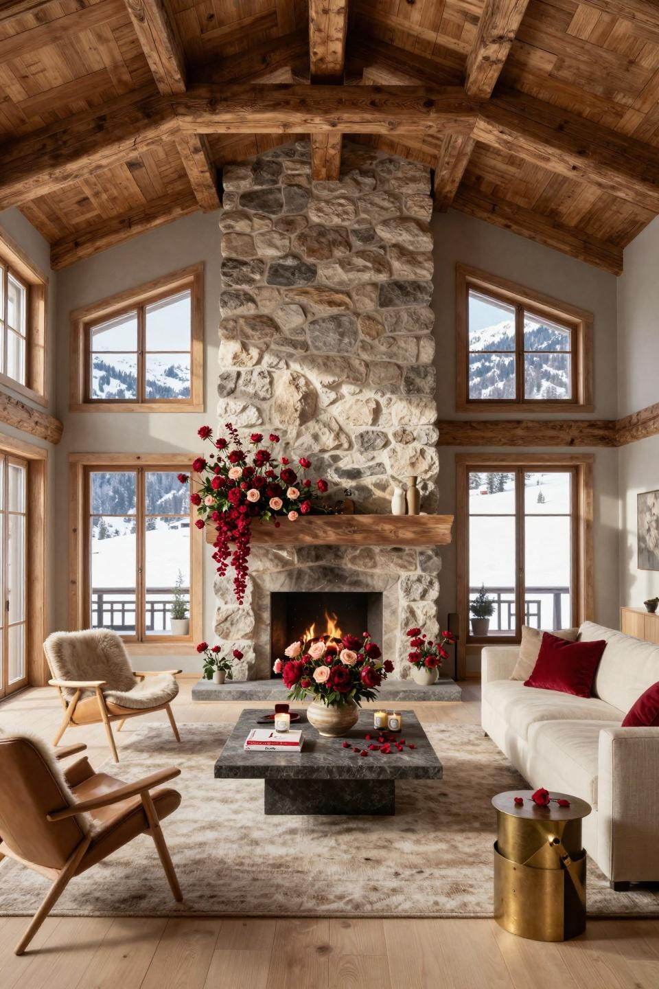 Farmhouse Valentine Decor with monumental florals on stone table and Fredericia leather chairs