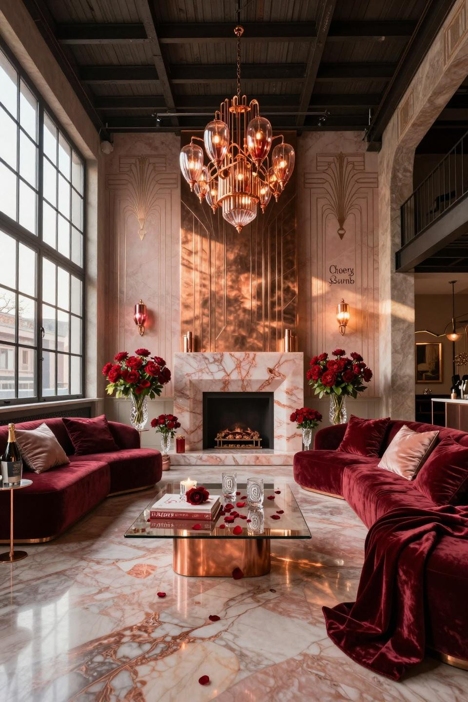 Farmhouse Valentine Decor featuring backlit Rose Quartz quartzite fireplace wall with copper sunburst