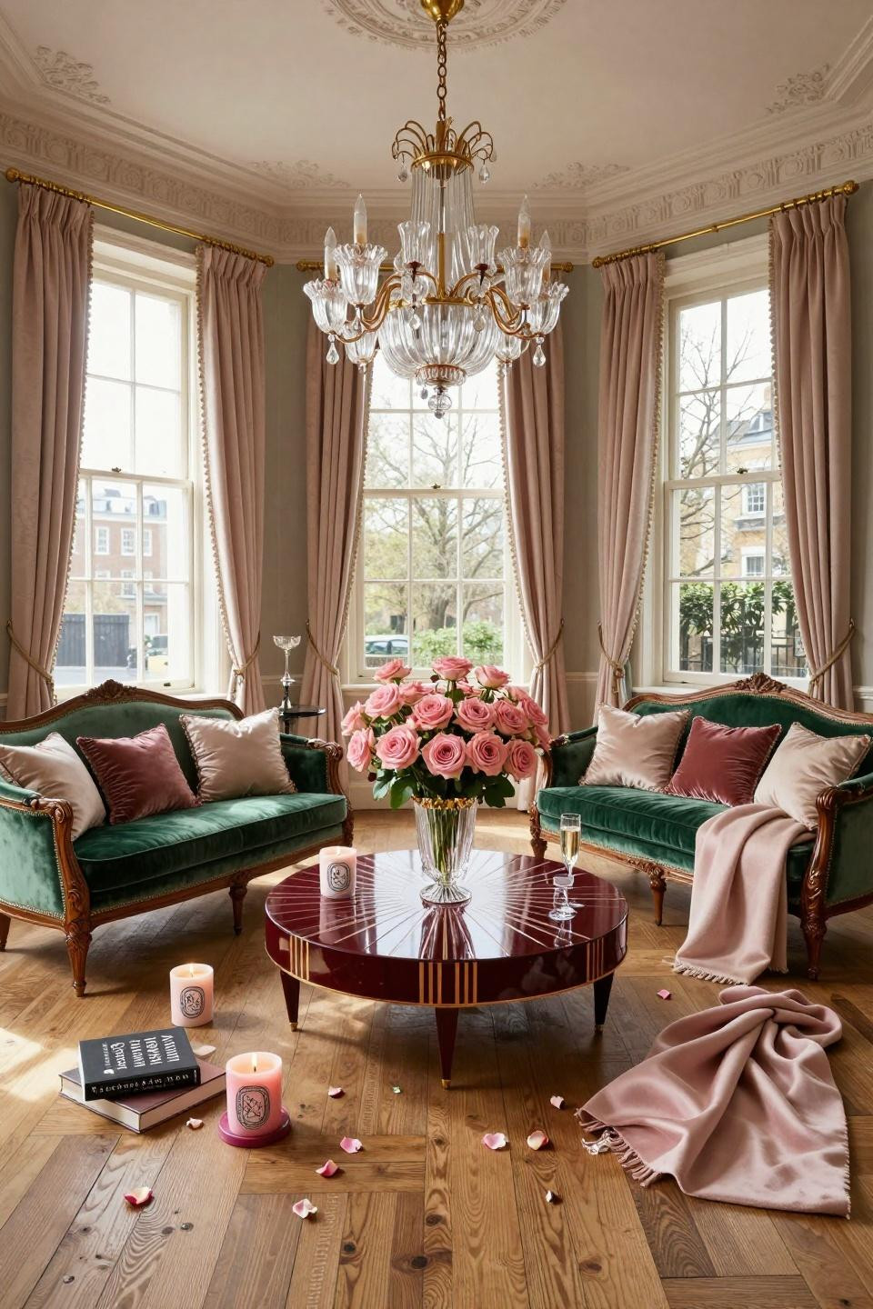 Farmhouse Valentine Decor with 1920s Baccarat crystal and Art Deco lacquered table