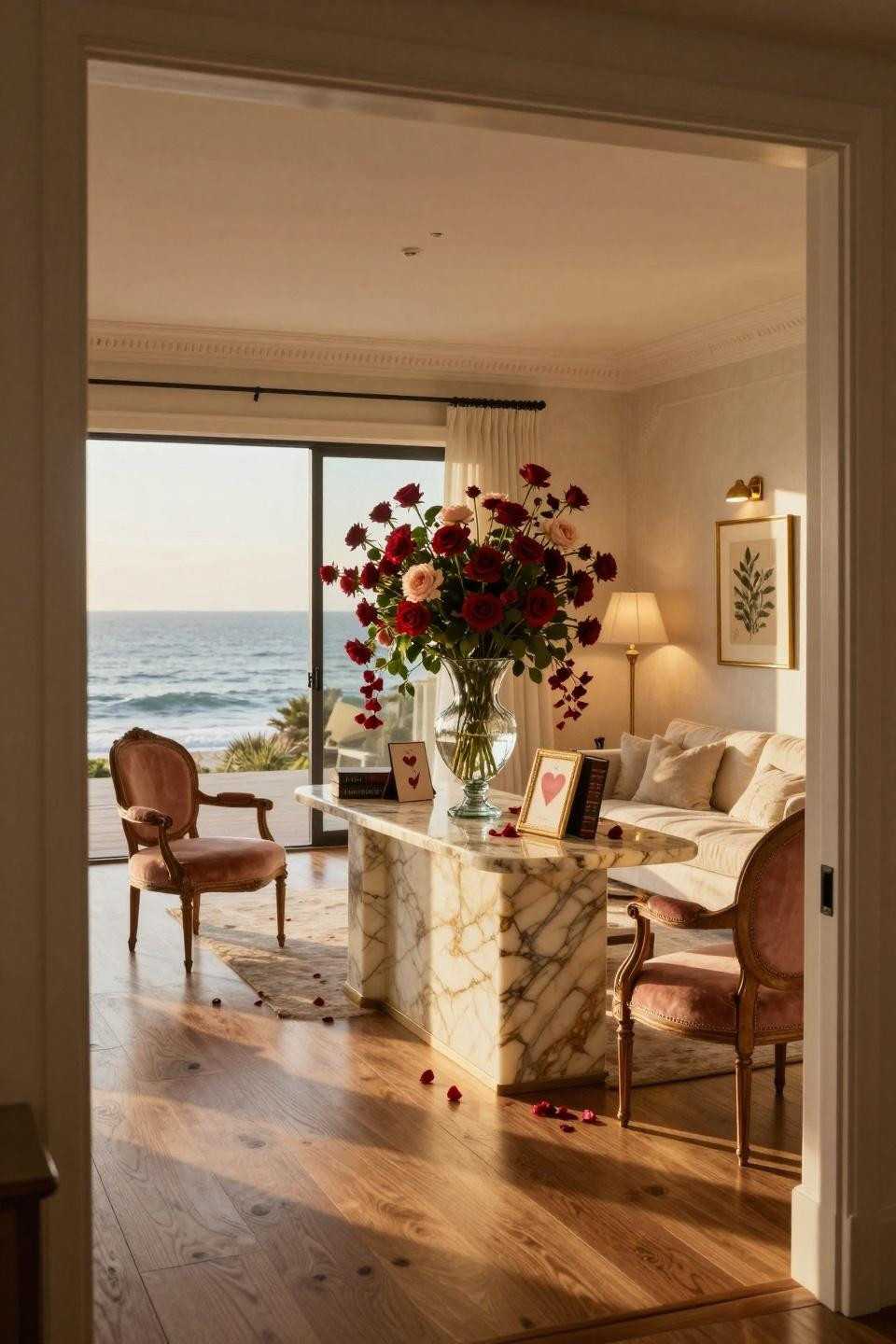 Farmhouse Valentine Decor with cascading roses in Murano glass on Calacatta Gold console