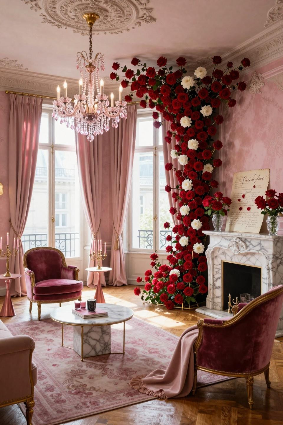 Farmhouse Valentine Decor featuring ceiling-to-floor rose cascade in custom brass armature