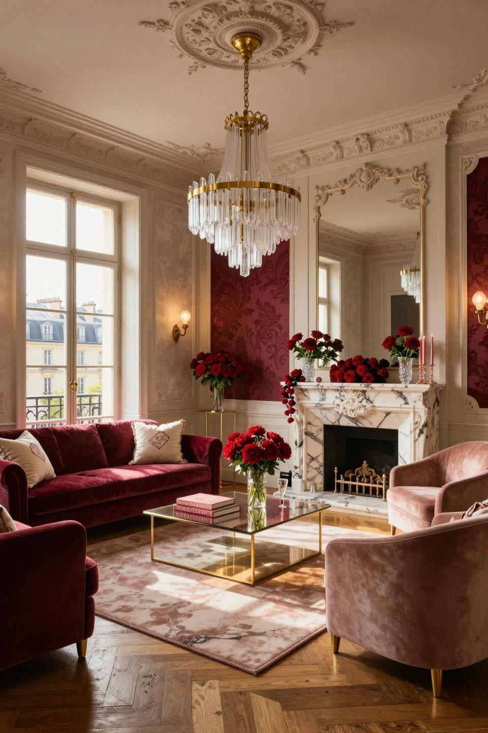 Valentines Decorations For Home with Calacatta Gold waterfall fireplace and cascading roses