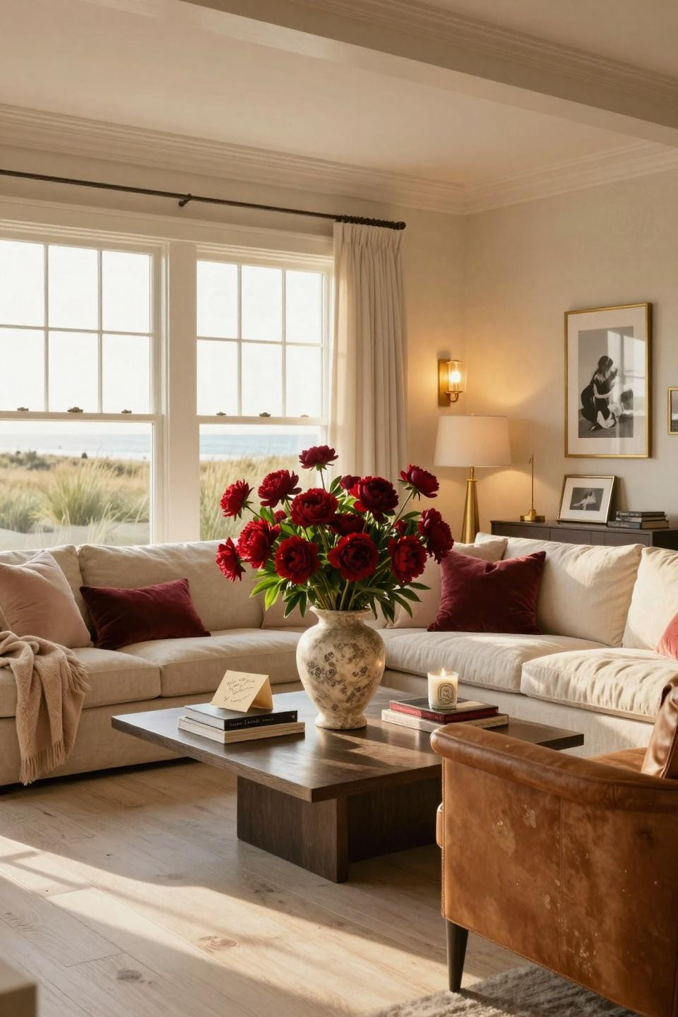 Diy Valentines Decorations featuring crimson peonies in French limestone vase on Holly Hunt table
