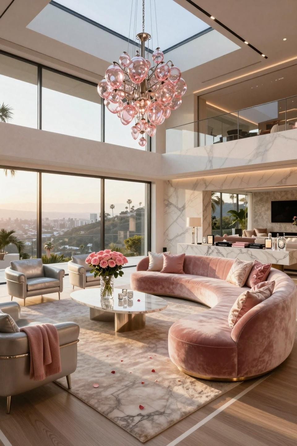 Valentine's Day Aesthetic showcasing Christian Liaigre blush silk sofa with Lindsey Adelman chandelier