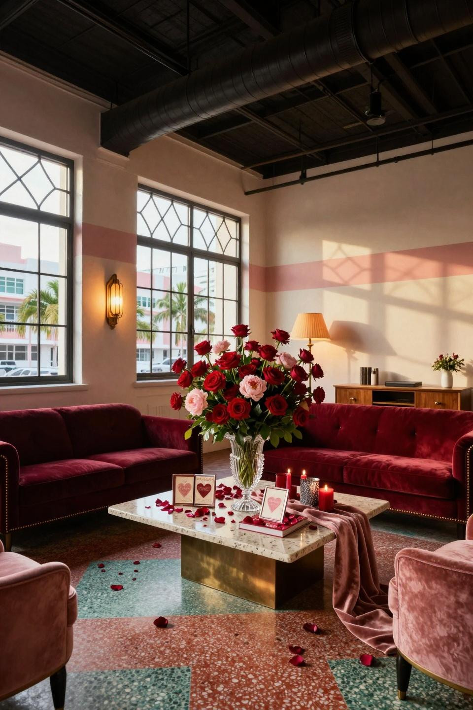 Vintage Valentines Decorations featuring oversized roses in Baccarat crystal on travertine with bronze