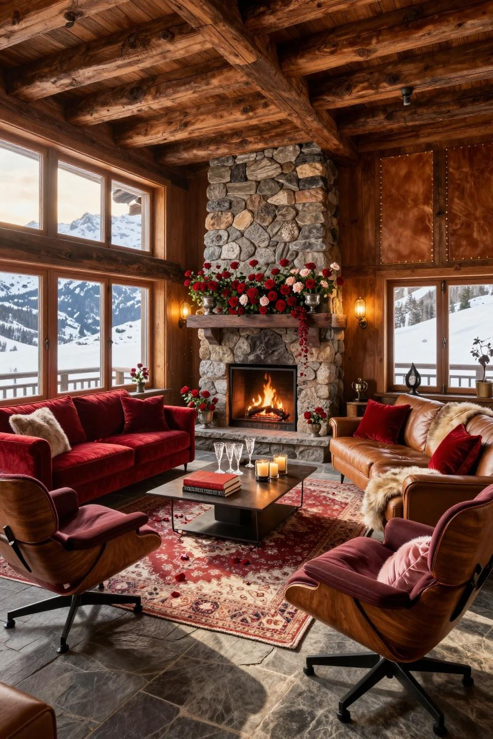 Valentines Day Ideas showcasing stone fireplace with cascading roses and B&B Italia leather sectional