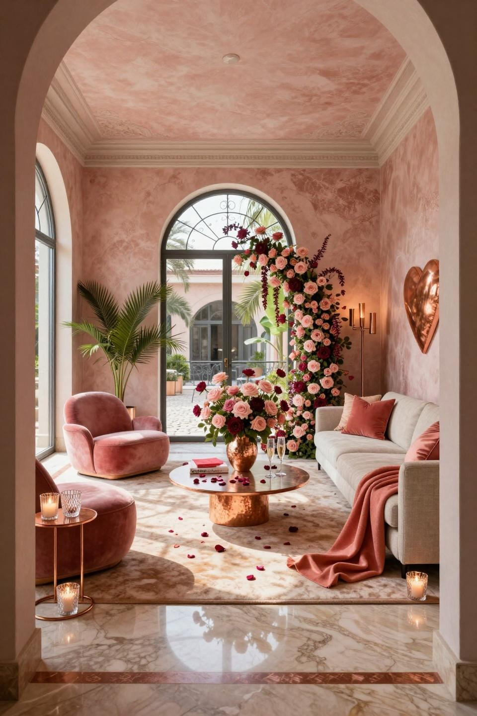 Valentines Day Aesthetic featuring sculptural florals in aged copper on Holly Hunt table