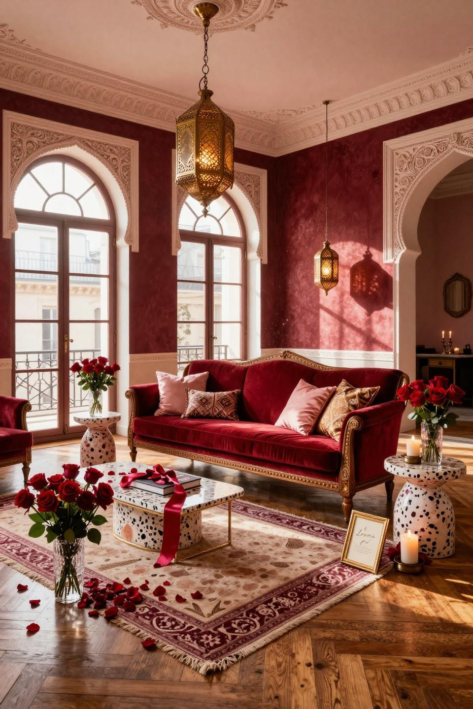 Happy Valentines Day styling with custom crimson velvet sofa and terrazzo rose quartz tables