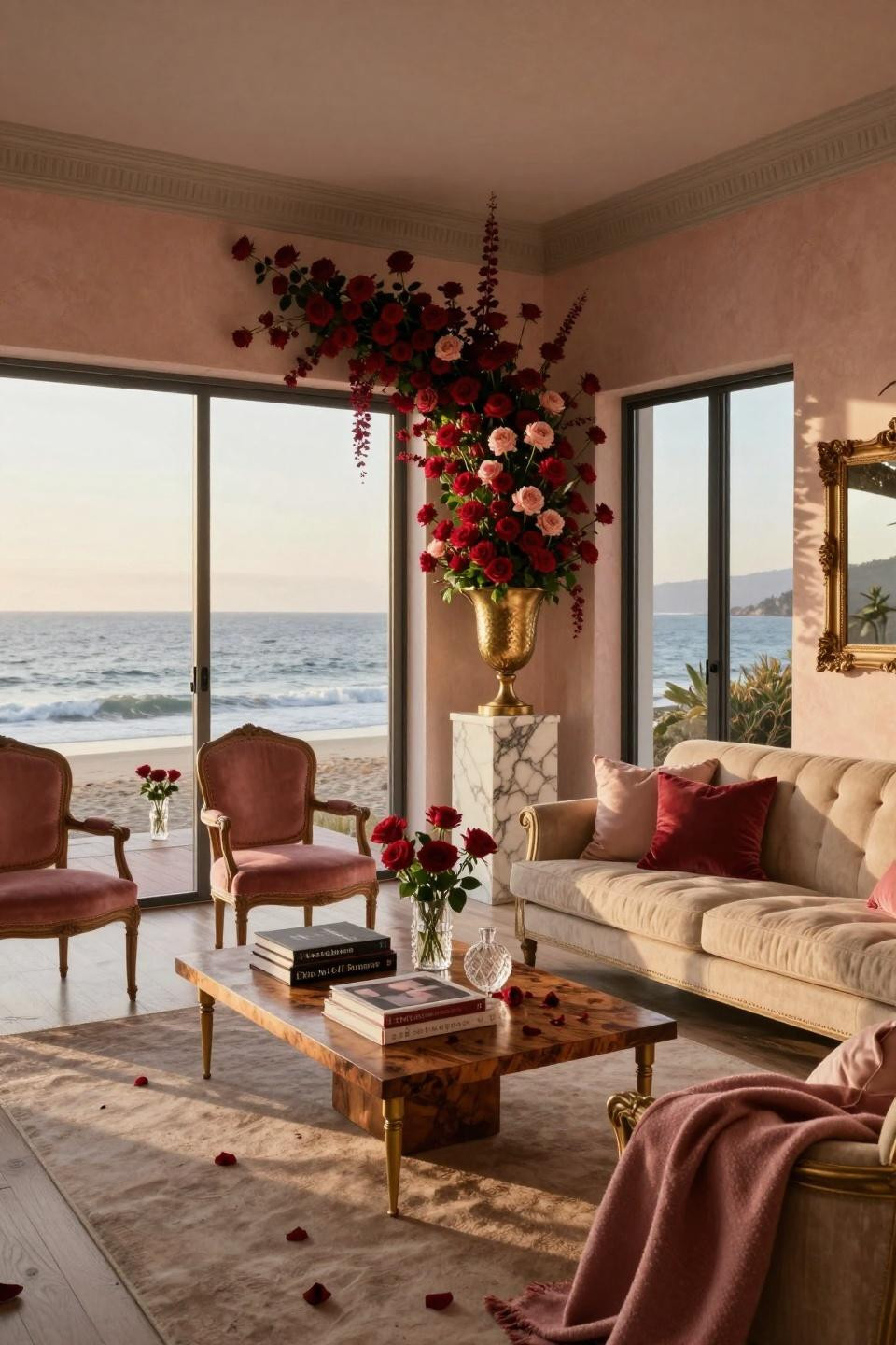 Boyfriend Valentines Day Gifts featuring twelve-foot floral installation in brass urn on Calacatta marble