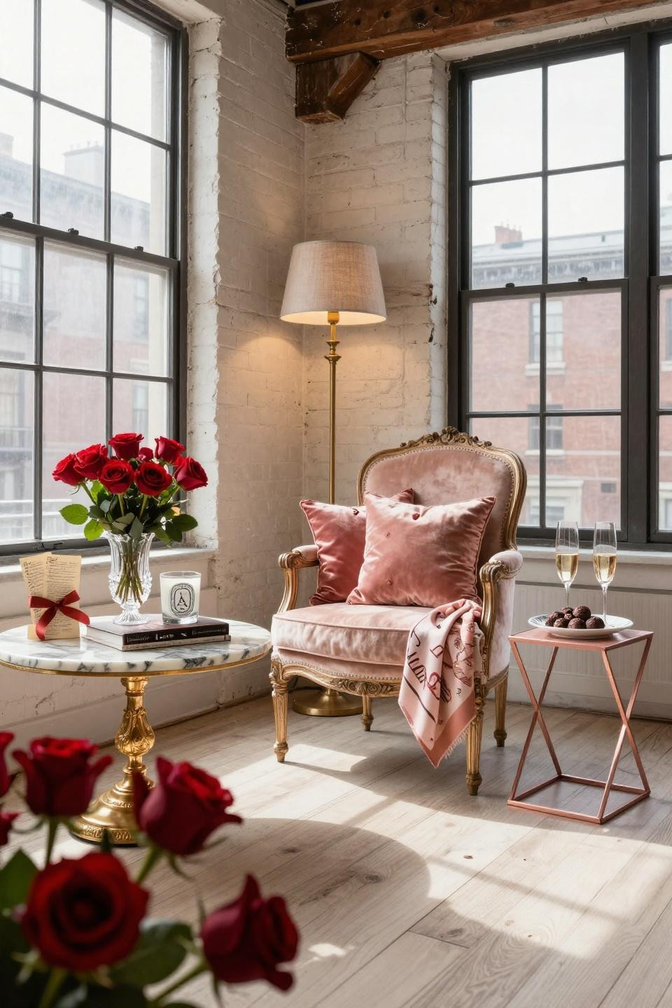 Farmhouse Valentine Decor with French Louis XVI bergère in blush velvet and rose gold accents