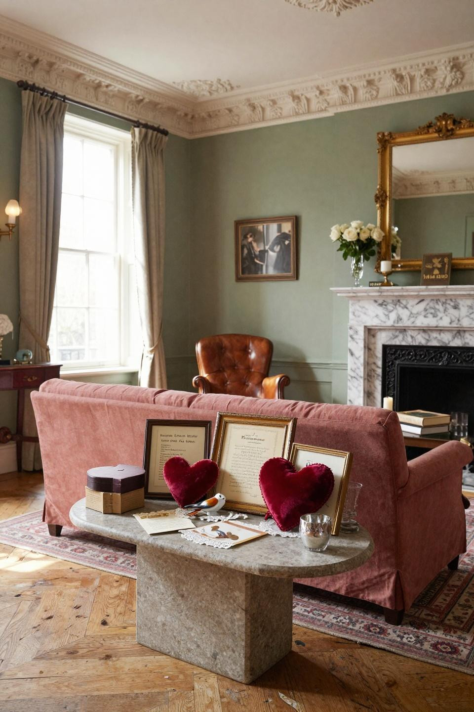 Farmhouse Valentine decor featuring antique chocolate boxes and porcelain love birds on limestone table