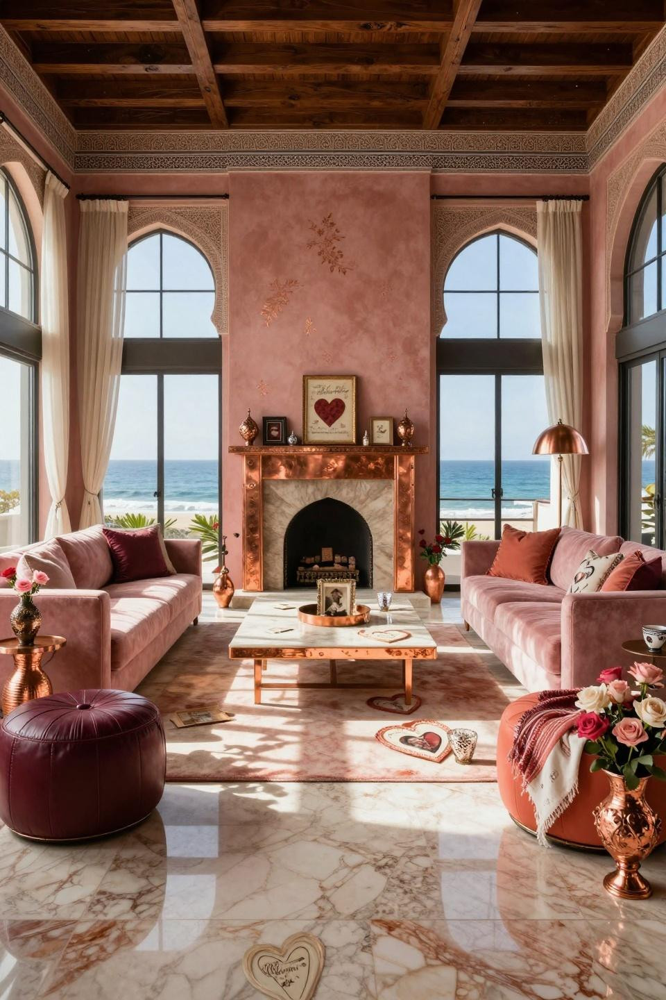 Farmhouse Valentine decor featuring antique copper fireplace with silk ribbon garlands