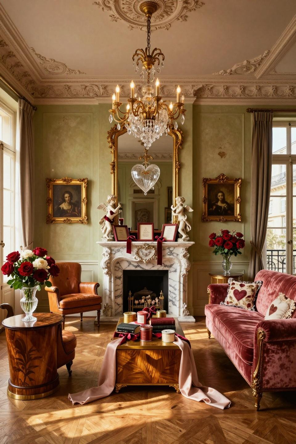 Farmhouse Valentine decor featuring ornate marble mantelpiece with Victorian ephemera