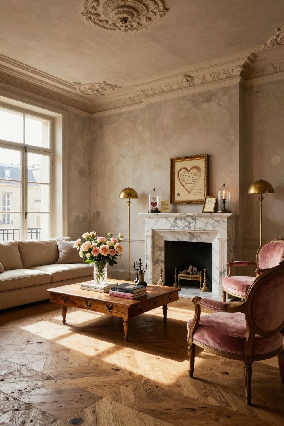 Farmhouse Valentine decor featuring hand-painted porcelain and Victorian lace on marble fireplace