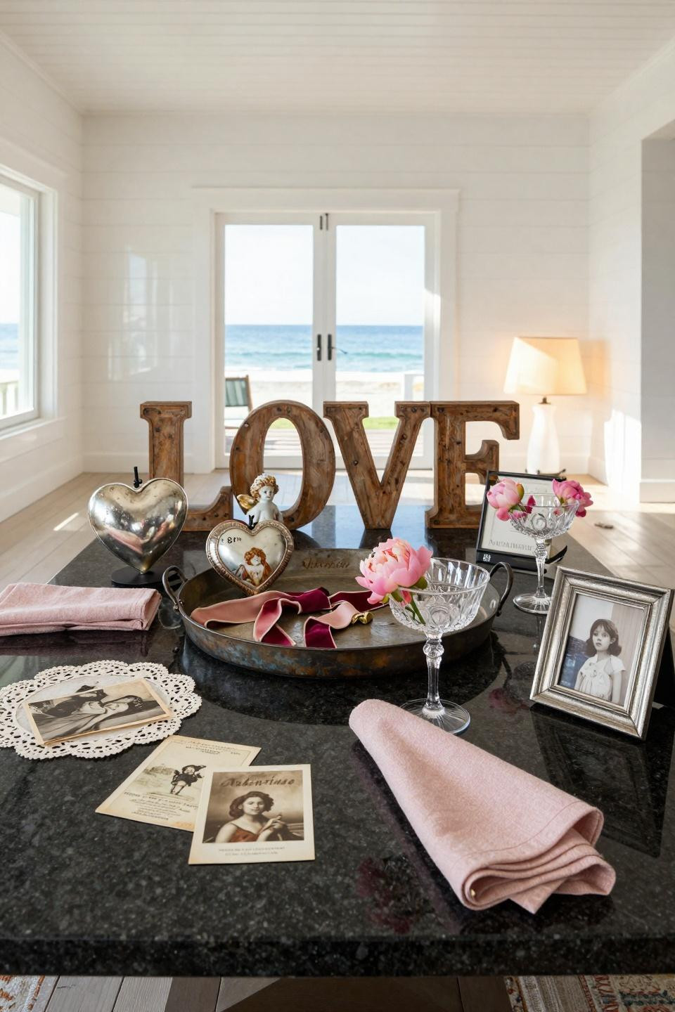 Farmhouse Valentine decor featuring antique mercury glass and weathered wood letters