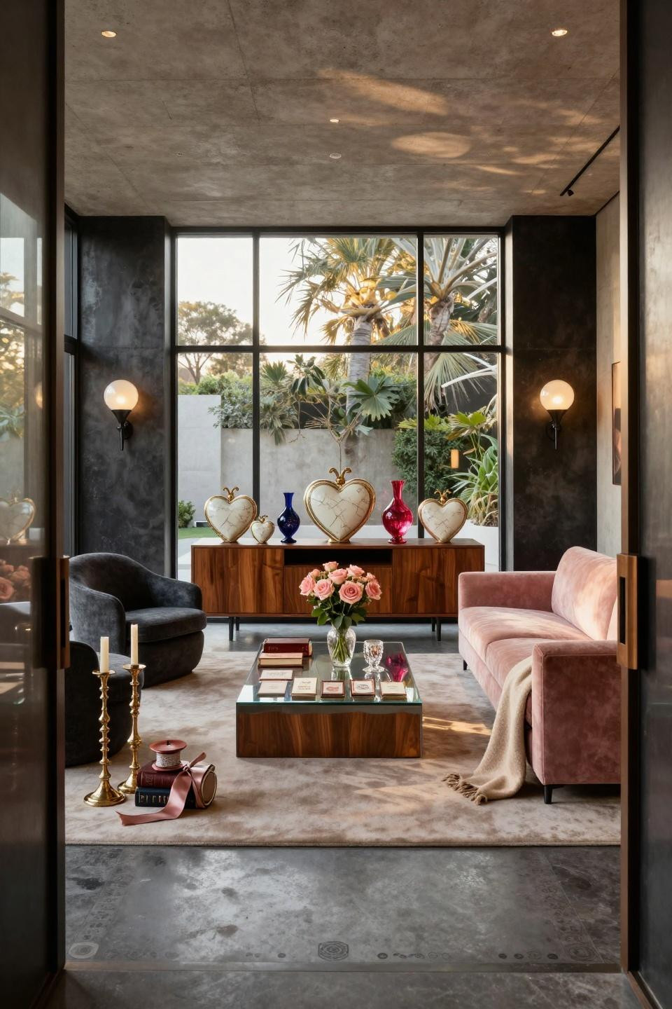 Valentine's Day decorations featuring antique porcelain on custom Poliform walnut console