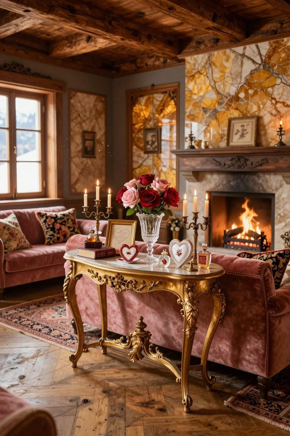 Primitive Valentine crafts featuring rare 19th-century gilt console with Victorian ephemera