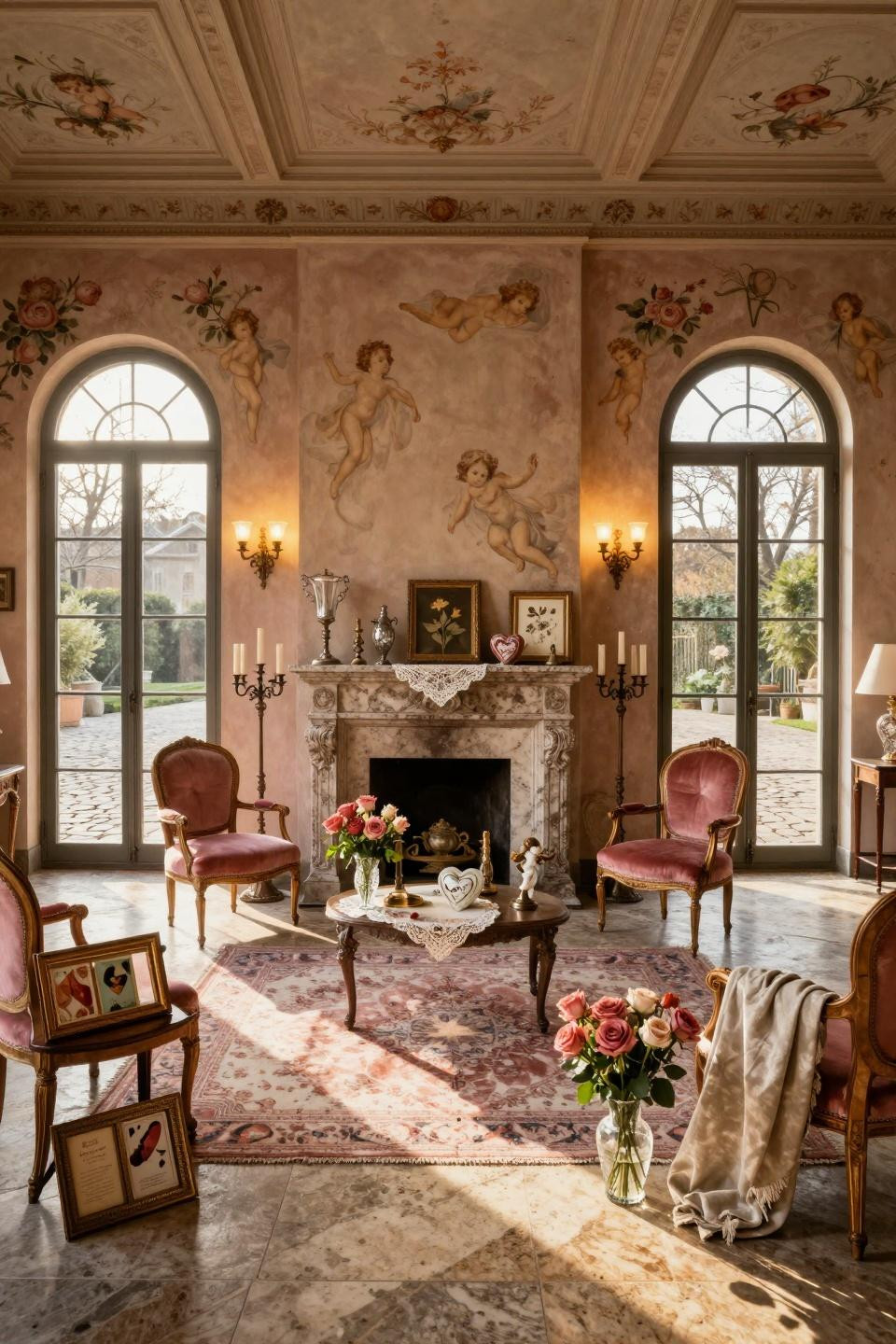 Valentines Day decorations for home featuring antique lace doilies and mercury glass on travertine console