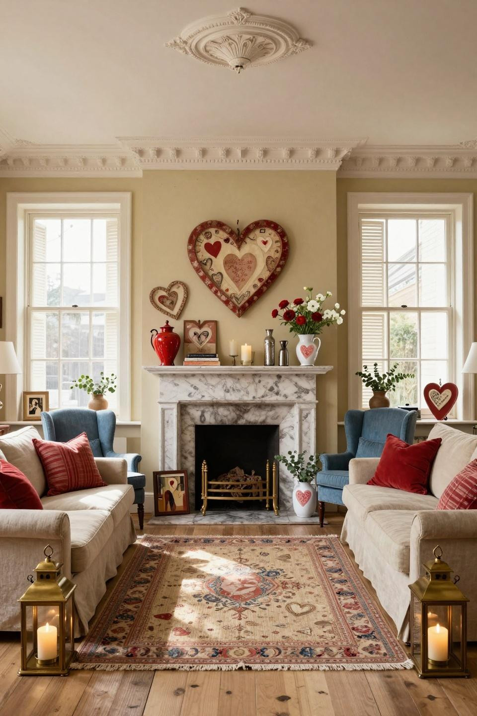 Valentine's Day aesthetic featuring antique paper hearts and primitive farmhouse crafts on marble mantel
