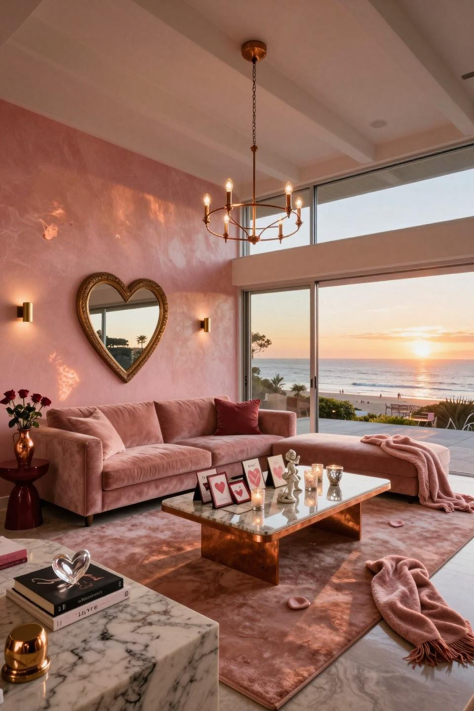 Heart decorations in luxury Malibu penthouse with vintage Valentine mirrors and aged copper details