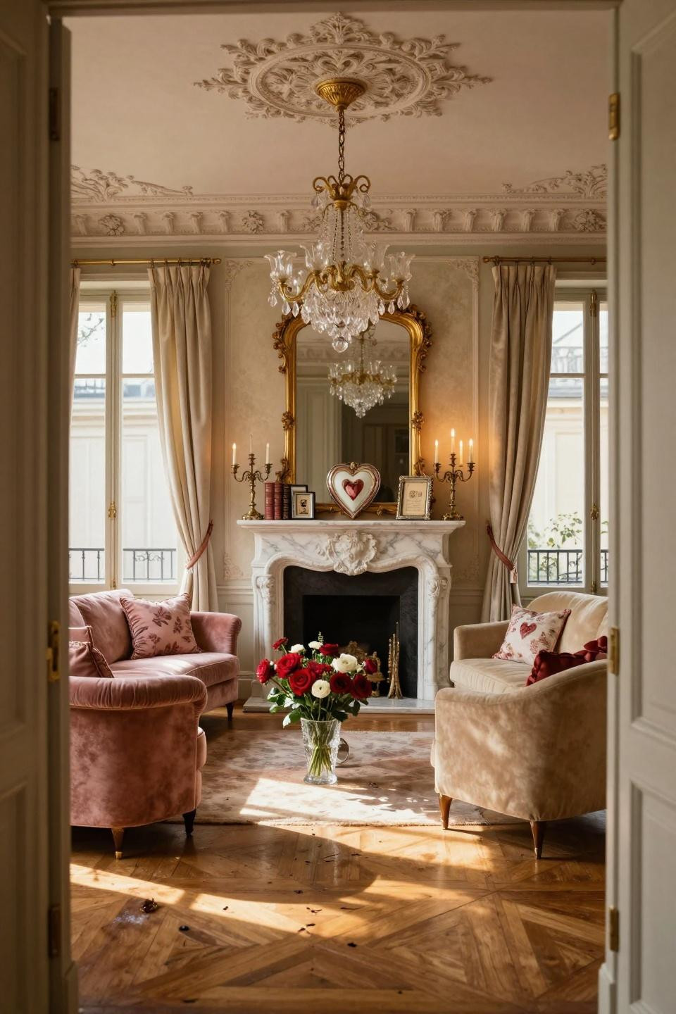 Vintage Valentines Day styling with Victorian lace cards and porcelain hearts on Parisian fireplace