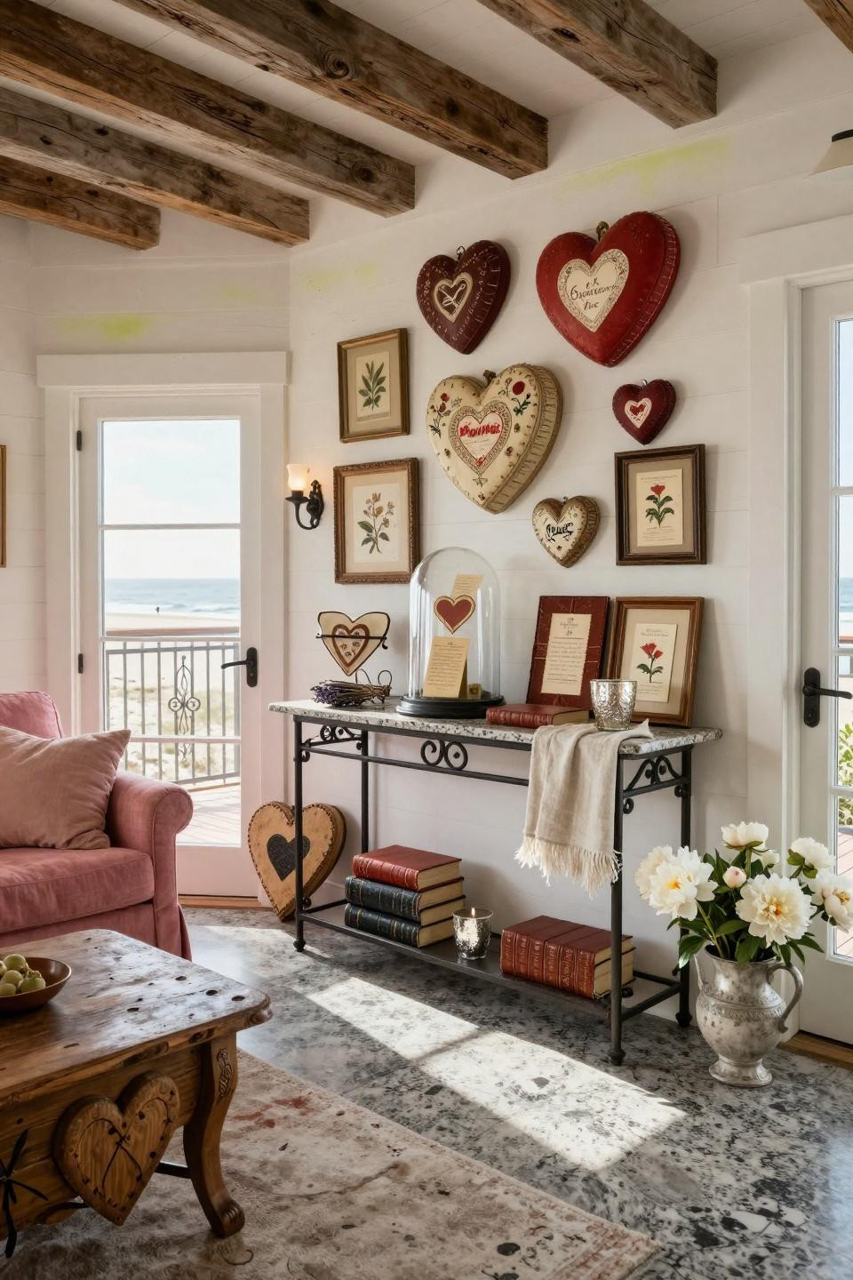 Vintage Valentines decorations featuring 19th-century French papier-mâché hearts on custom iron console