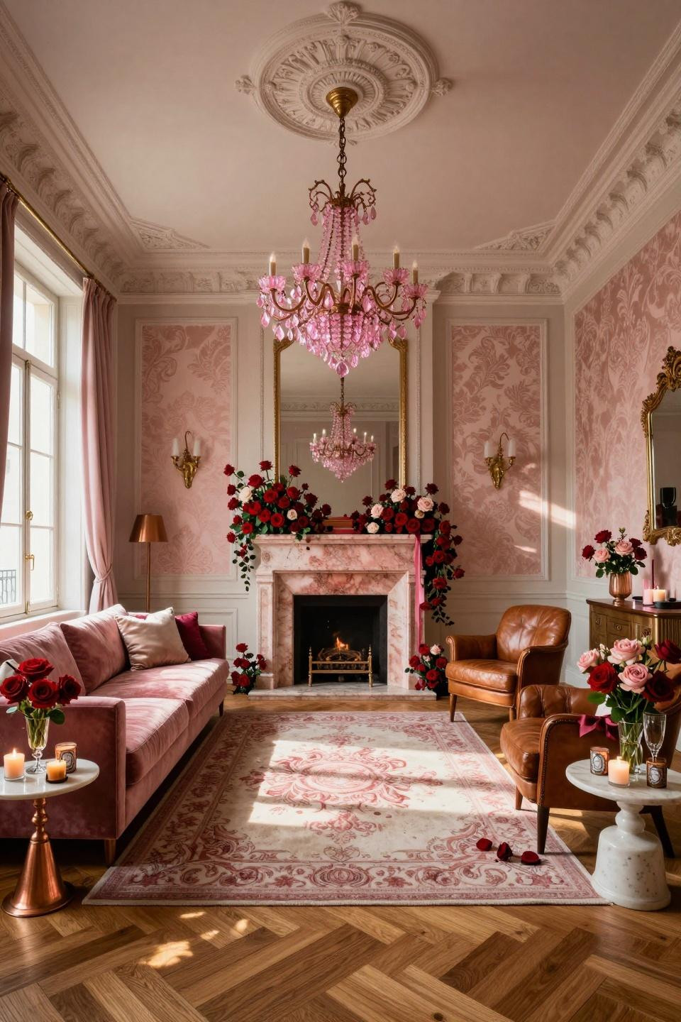 Farmhouse valentine decor featuring Rose Aurora quartzite fireplace with cascading garden roses and copper mantel