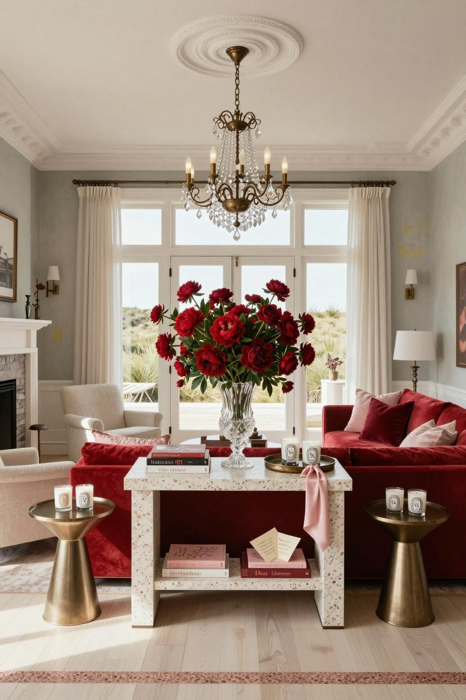 Valentine's day decorations with sculptural peonies in Baccarat crystal on terrazzo console with coastal elegance