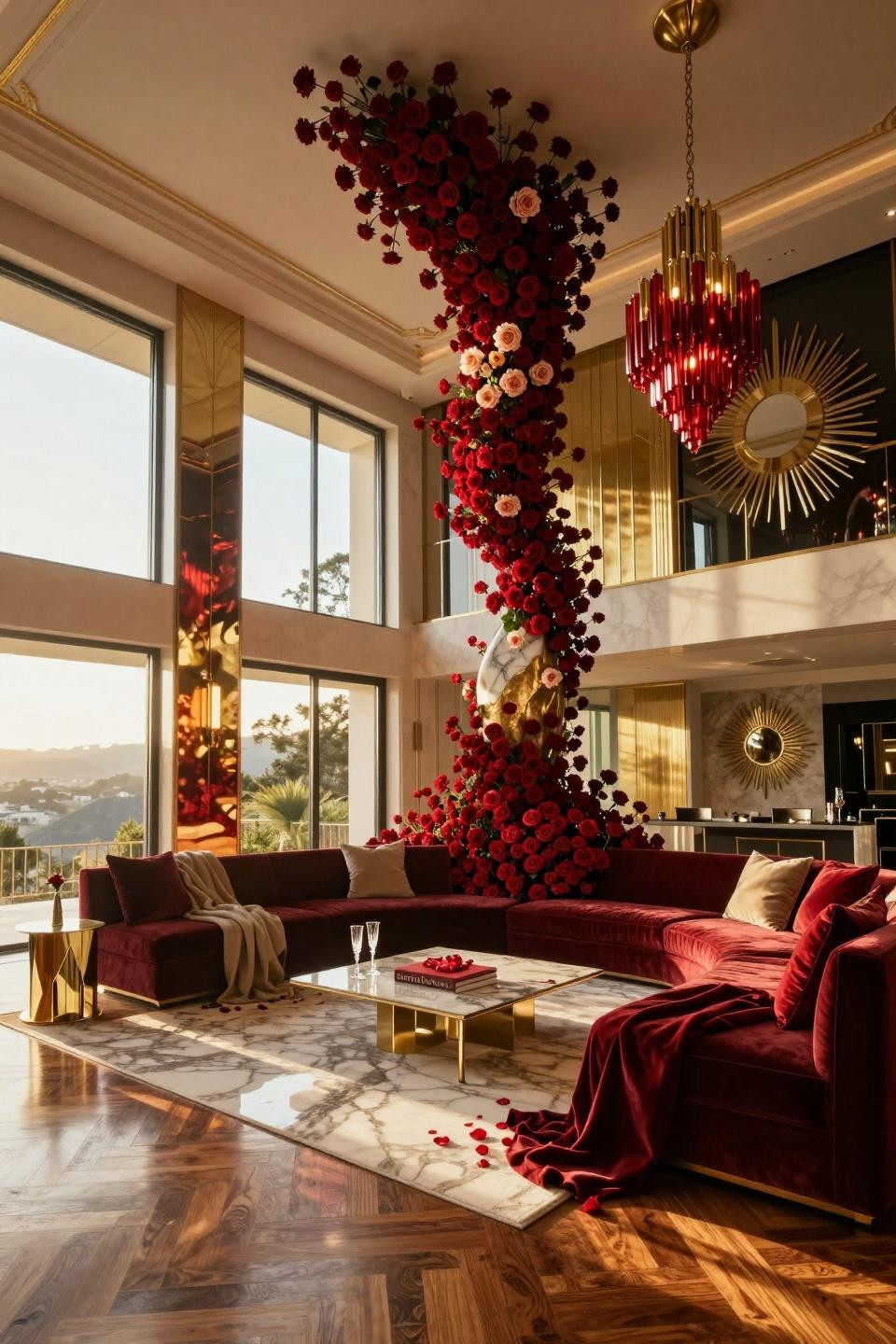 Valentines house decor featuring eight-foot sculptural floral installation with Calacatta Gold marble pedestal
