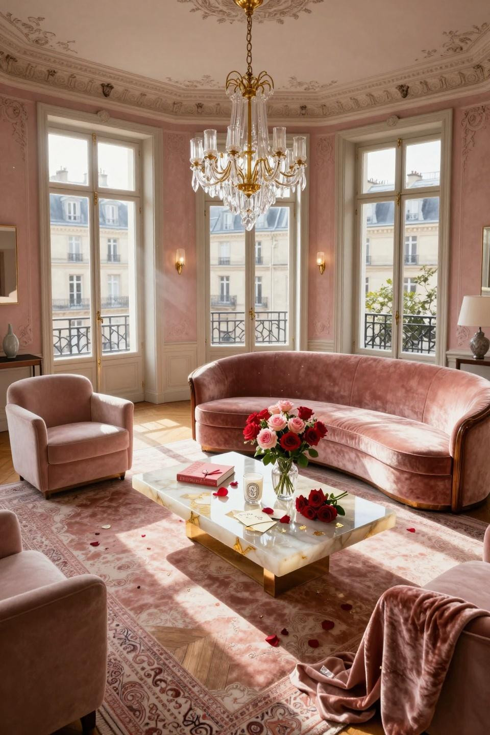 Valentines centerpiece ideas featuring backlit onyx coffee table with cascading garden roses from overhead view