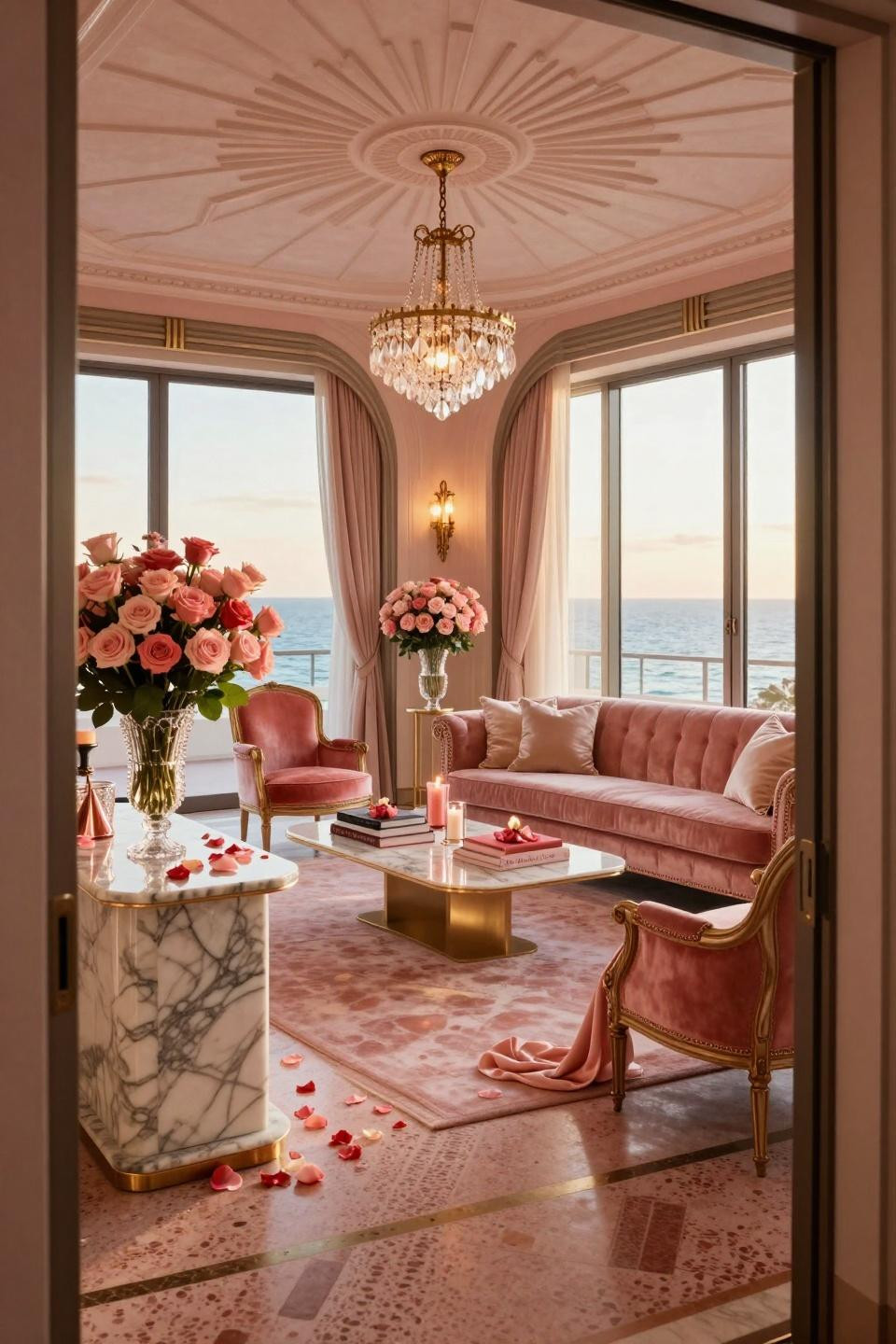 Valentine's day aesthetic with blush velvet sofa and marble console displaying two hundred roses