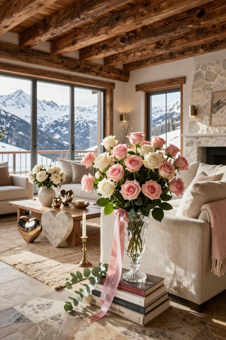 Vintage valentines decorations featuring Belgian linen sofa with cascading garden roses in Baccarat crystal