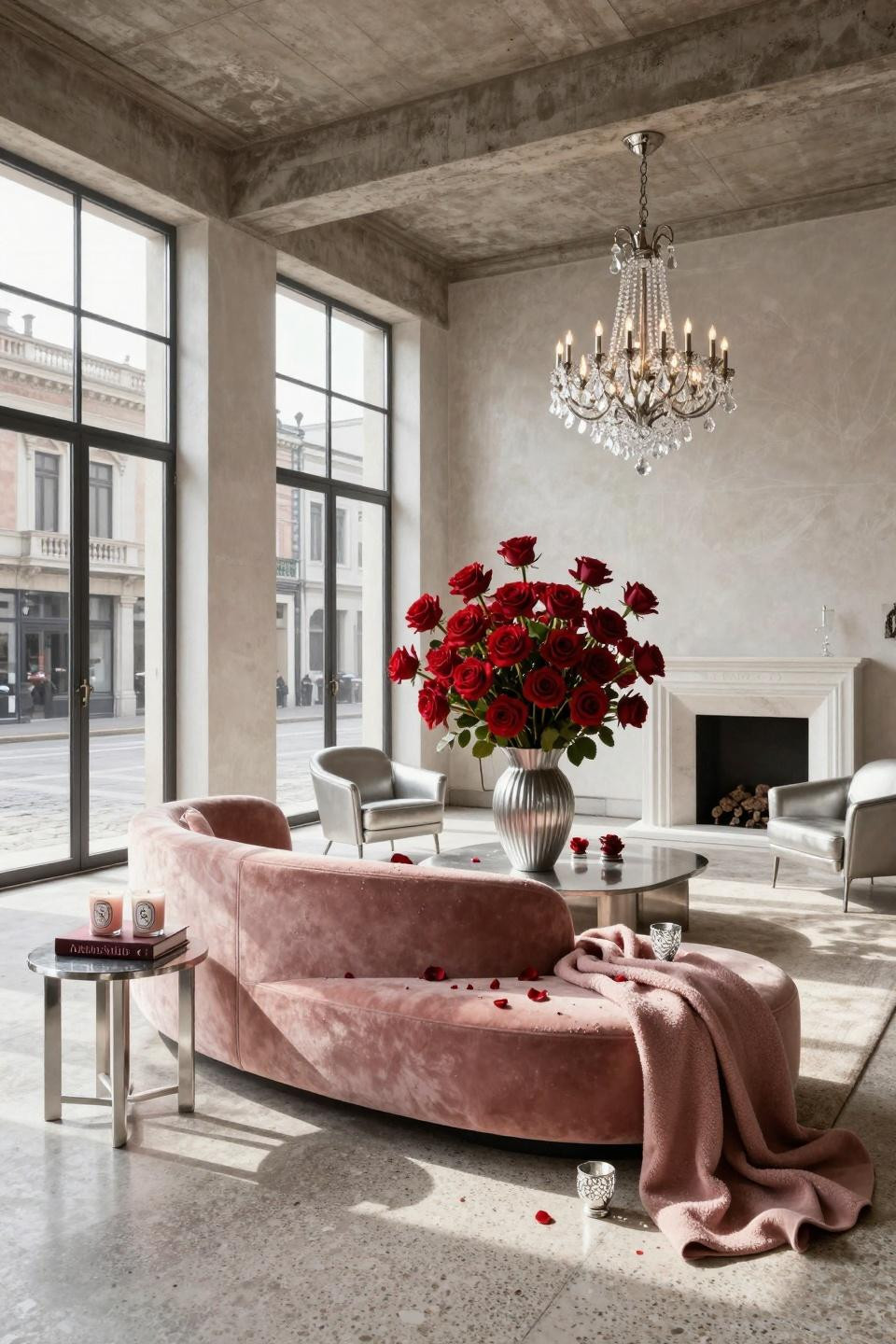 Vday decor with sculptural crimson roses in Baccarat vase on polished platinum surfaces