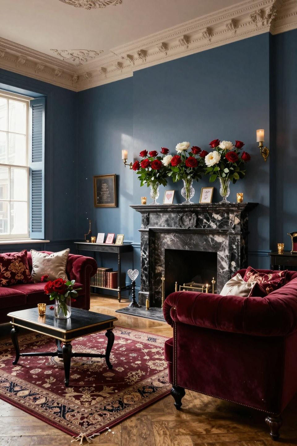 Valentines kitchen decor featuring ornate marble fireplace with David Austin roses and Baccarat crystal