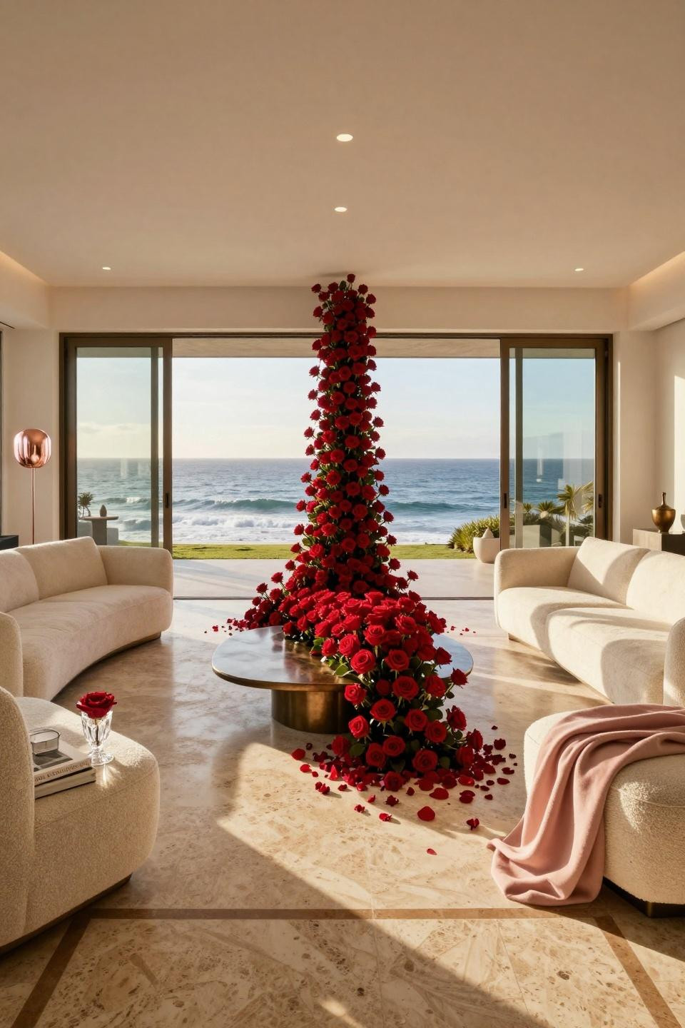 February decor featuring museum-quality rose installation in custom bronze vessel with Pacific Ocean views