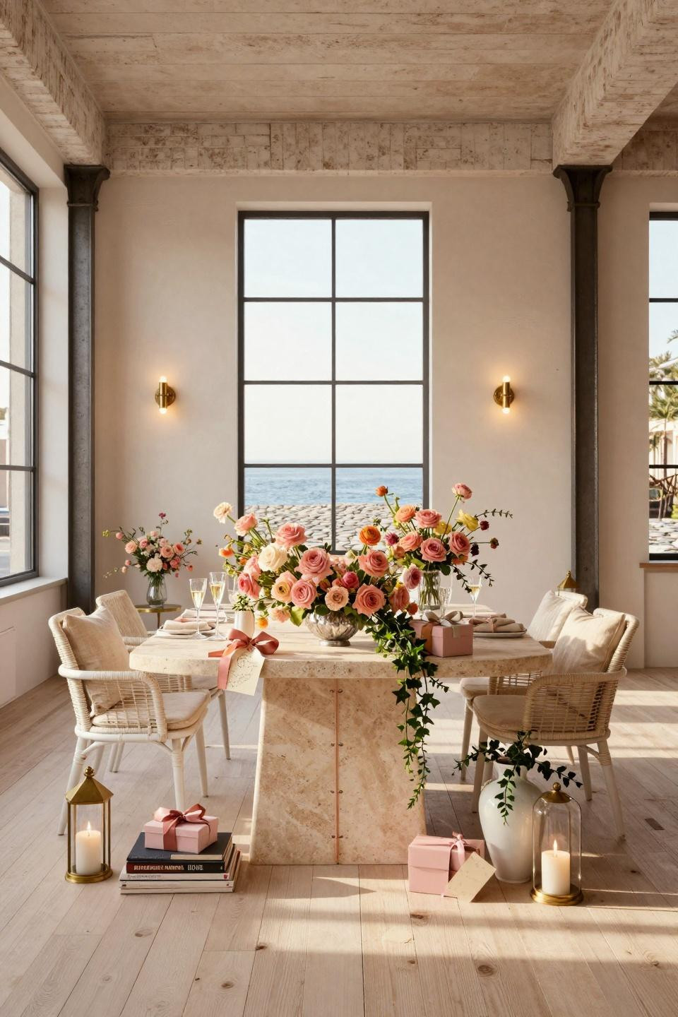 Valentines day aesthetic with natural stone dining table and mercury glass vessels filled with garden roses
