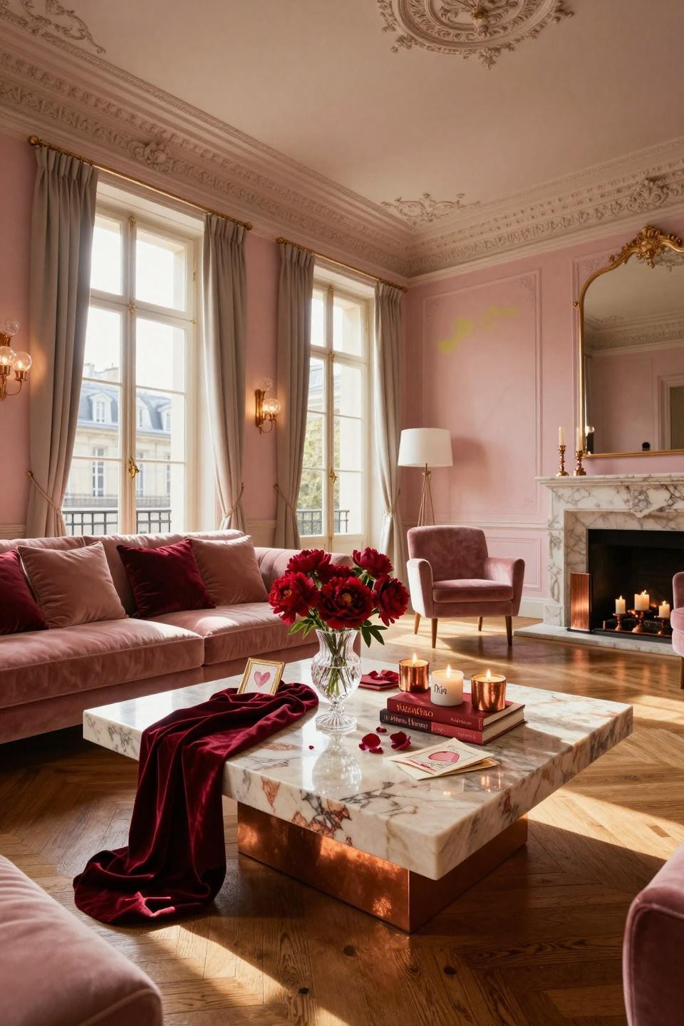 Valentines decorations for home featuring quartzite coffee table with copper veining and Baccarat crystal vases